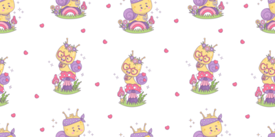 Seamless pattern with  pair snails  hippy kawaii png