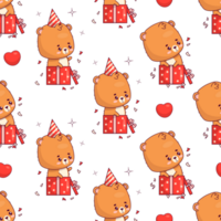 Seamless pattern with  bear cub in gift box png