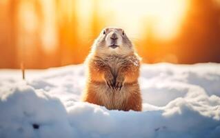 ai generado linda fotorrealista marmota en pie en el nieve en el calentar luz de sol en borroso antecedentes. contento marmota día bandera o póster. Delaware enfocar, dorado hora. ai generativo foto