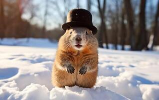 AI generated Cute friendly smiling groundhog wearing a black top hat, standing on the snow in the sunlight. Happy groundhog day banner or poster. De focus, copy space, snowy landscape. AI Generative photo