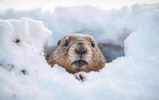 AI generated Cute fluffy photorealistic groundhog comes out of a snowy hole after hibernation surrounded by white snow, de focus, snow framed. Happy groundhog day banner or poster. AI Generative. photo