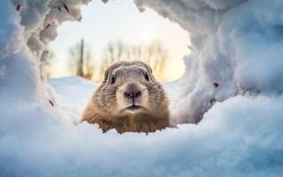 ai generado mullido fotorrealista marmota en un Nevado agujero después hibernación, punto de vista contento marmota día bandera o póster enmarcado por blanco nieve. comenzando de primavera humor. ai generativo. foto