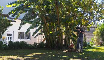 Man sweeping garden lawn in elegant home photo