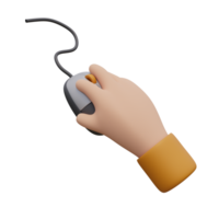 3d render illustration of human hand click on computer mouse with cable. Technology concept. Illustration for web or app design. Hand holding mouse png