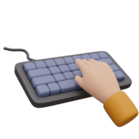 3d render illustration of human hand typing on computer keyboard with cable. Technology concept. Illustration for web or app design png