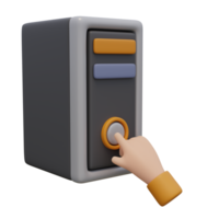 3d render illustration of human hand press button on pc tower. Technology concept. Illustration for web or app design. Turn on the computer png