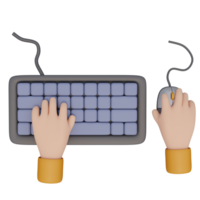 3d hacer ilustración de humano mano mecanografía en computadora teclado con cable y mano participación un ratón. tecnología concepto. ilustración para web o aplicación diseño png