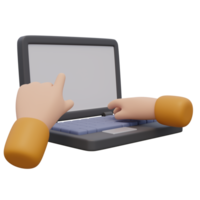 3d hacer ilustración de humano mano mecanografía en teclado y señalando un dedo a pantalla de ordenador portátil. tecnología concepto. ilustración para web o aplicación diseño png