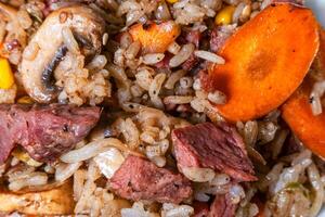 recién cocido chino frito arroz con carne de res, zanahoria, alfalfa feto y hongos foto