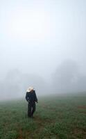 Cowboy man walking among foggy forest with space for text photo
