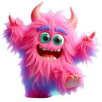 AI generated pink monster with horns and big eyes. Cute pink furry monster 3D cartoon character png