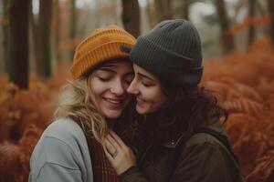 AI generated couple of affectionate gay women in a forest. Gay love on Valentines Day. LGBTQ pride photo