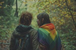 AI generated couple of affectionate gay women in a forest. Gay love on Valentines Day. LGBTQ pride photo