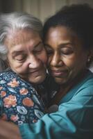 AI generated Senior care, hug and portrait of nurse with patient for medical help, healthcare or physiotherapy. photo