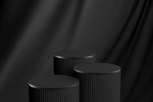 Three black cylindrical pallet on a black velvet curtain backdrop. Abstract background for product presentation. 3D rendering photo