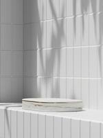 White marble platform with white top on white tiles in a sunny bathroom. 3D rendering photo