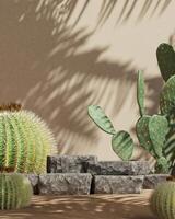 Black stone product stand in the middle of the desert scene, blurred cactus in the foreground. product presentation mockup. 3D rendering photo