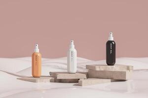 Spray bottles of 3 colors, placed on a beige stone slab, in a milky, Soft skin care concept. 3D rendering photo