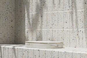 White marble platform with white top on Terrazzo tiles in a sunny bathroom. 3D rendering photo