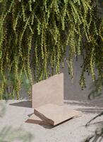 Broken slabs of beige marble stacked on a concrete floor. blur the bushes behind. 3D rendering photo