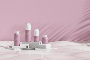 Examples of cosmetic bottles Placed on a white marble slab on a Milk. 3D rendering photo