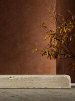 A stone slab is placed on the cement floor. Brown cement backdrop and tree branches. Backdrop for product presentation. 3D illustration photo