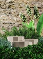 Three base for placing products middle small plants and the brown rock background. Abstract mockup scene for presentation. 3D rendering photo