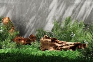 A log drop on the small plants and trees shade on cement wall background, Abstract background for presentation. 3d rendering photo