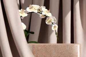 Instead of terrazzo stone in the backdrop, flowing beige curtains and white orchids. Choose a focus point. Background for product presentations. 3D illustration photo