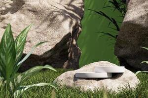 White circle bases on the rock in mockup garden scene, sunshade on green background. 3d rendering photo