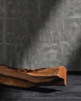 A piece of bark on a black wooden background and a glowing cement wall backdrop. Presentation for product concept. 3D rendering photo