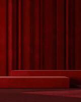 Red platform two step on red curtain background. Abstract background for product presentation. 3D rendering photo