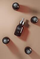 Dropper cosmetic five bottles mockup top the ground beige. abstract background for cosmetic presentation. 3D rendering photo