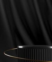 Black cylindrical pallet and gold rings on a black velvet backdrop. Abstract background for product presentation. 3D rendering photo