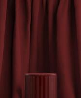 Red cylindrical platform on red velvet curtain background. Abstract background for product presentation. 3D rendering photo