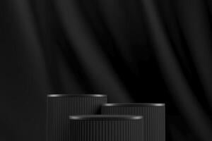 Three black cylindrical pallet on a black velvet curtain backdrop. Abstract background for product presentation. 3D rendering photo