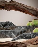 Black stone tiers and attractive old remains of wood, for displaying goods or items, mockups for presentations. 3D rendering Clipping path background included. photo