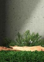 A log middle small plants and concrete wall. Abstract background for product presentation. 3D rendering photo