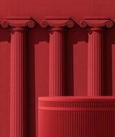Red platform on a background of Roman concrete columns. Abstract background for product presentation. 3D rendering photo