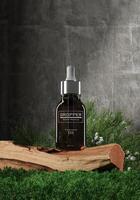 Mockup dropper bottle on a log middle small plants. Abstract background for cosmetic presentation. 3D rendering photo