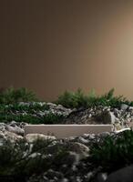 blanco plataforma medio Bosquejo escena grava y pequeño plantas. resumen Bosquejo escena para producto presentación. 3d representación foto