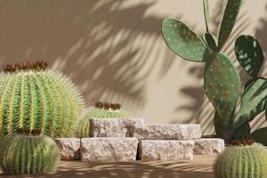 Beige stone pallets in the middle of the desert scene, blurred cactus in the foreground. product presentation mockup. 3D rendering photo