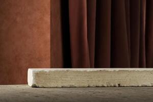 A stone slab rests on a cement floor. Brown cement backdrop and dark curtains. Backdrop for product presentation. 3D illustration photo