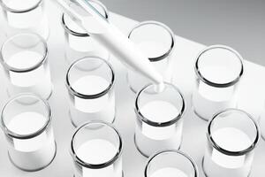 Drops of milk in a tube, science, research or milk test. 3D rendering photo
