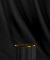 Black cylindrical pallet and top gold on a black velvet curtain backdrop. Abstract background for product presentation. 3D rendering photo