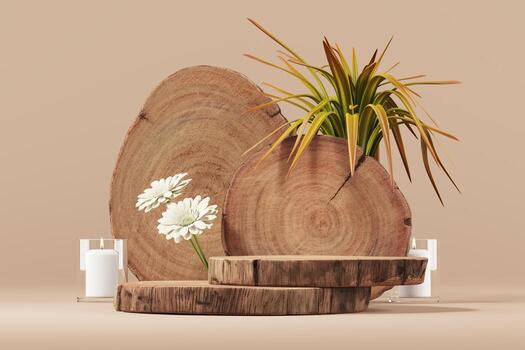 Empty round wooden slats stacked as a product stand. Decorate with flowers and candlesticks. Minimal mockup for product presentation. 3D rendering and clipping path each element. photo