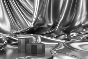 Two silver platform for placing products on abstract shiny background. Abstract mockup scene for presentation. 3D rendering photo