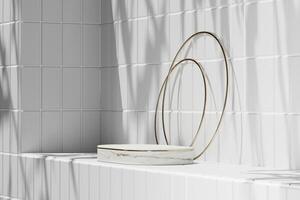 White marble platform with white top on white tiles in a sunny bathroom. 3D rendering photo