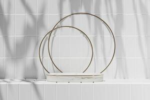 White marble platform with white top on white tiles in a sunny bathroom. 3D rendering photo