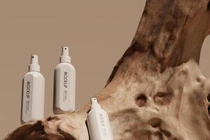 3 cosmetic spray bottles Resting on a log. Clipping path of each element included. 3D rendering illustration. photo